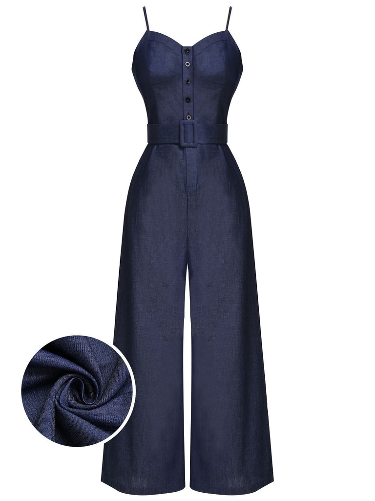 Navy Blue 1930s Cowboy Solid Strap Jumpsuit: timeless style reimagined