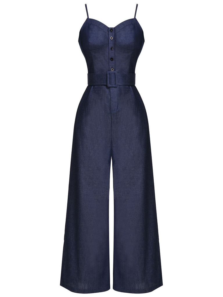 Navy Blue 1930s Cowboy Solid Strap Jumpsuit — vintage elegance for the modern woman