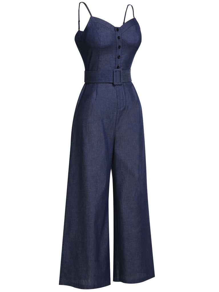 Navy Blue 1930s Cowboy Solid Strap Jumpsuit: timeless style reimagined