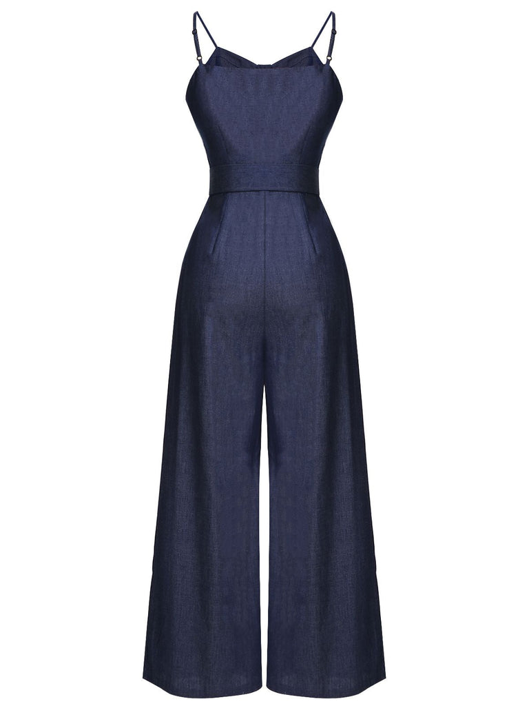 Navy Blue 1930s Cowboy Solid Strap Jumpsuit — vintage elegance for the modern woman