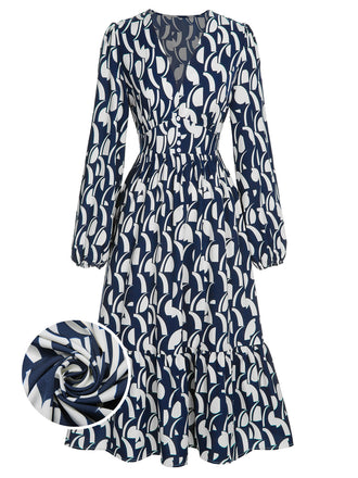 She slips into this Navy Blue 1930s Geometric Printed V-Neck Dress and suddenly it's a 1930s daydream