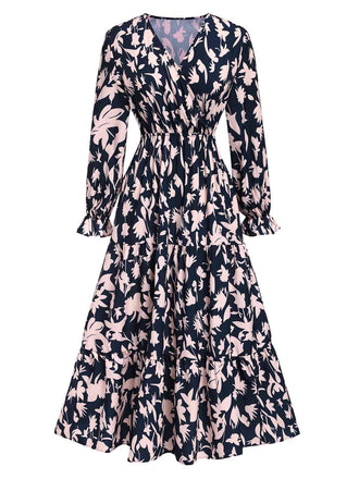 She slips into this Navy Blue 1930s V-Neck Floral Dress and suddenly it's a 1930s daydream