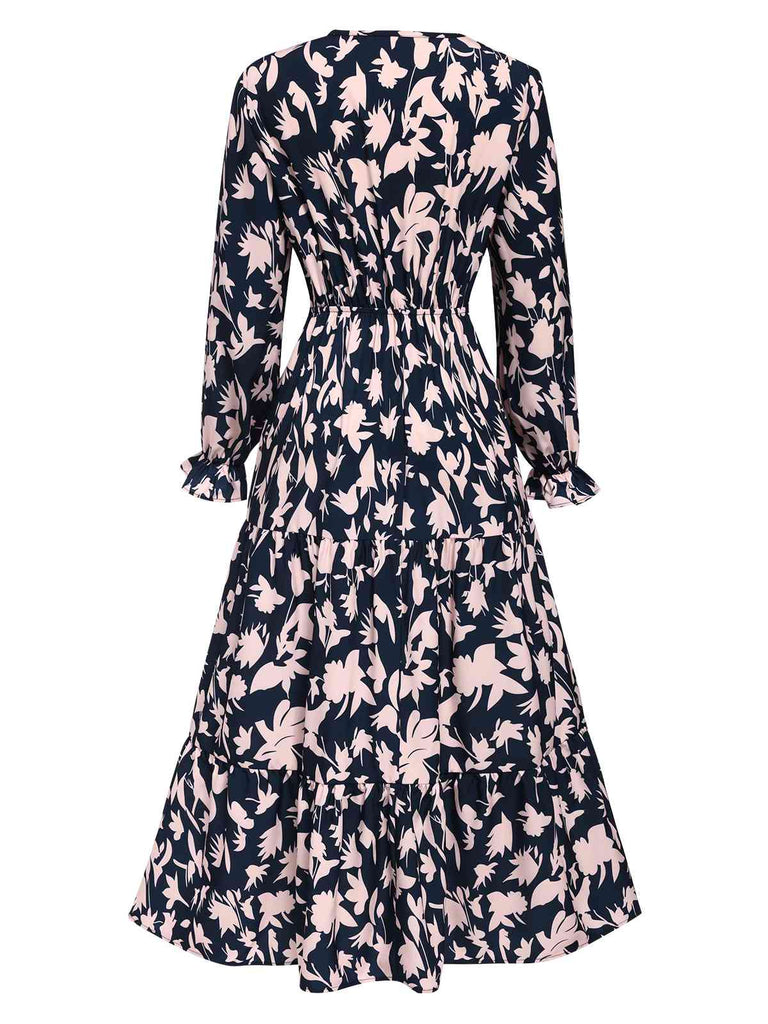 Navy Blue 1930s V-Neck Floral Dress, vintage dress, retro fashion, floral print - perfect for women who love vintage and retro fashion