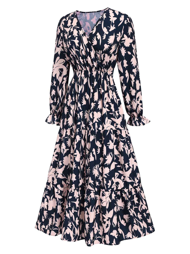 Navy Blue 1930s V-Neck Floral Dress, vintage dress, retro fashion, floral print - perfect for women who love vintage and retro fashion