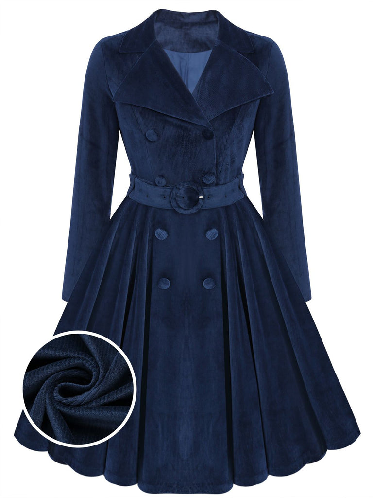 Navy Blue 1950s Corduroy Long Coat - vintage fashion, retro style