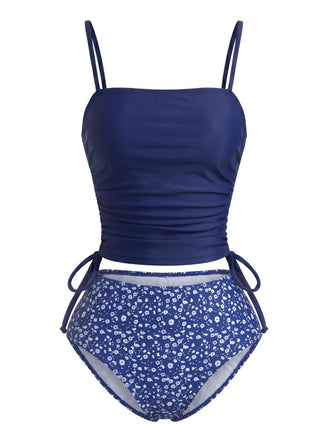 Navy Blue 1950s Floral Drawstring Waist Tankini Set, vintage fashion, retro style - perfect for women who love vintage and retro fashion