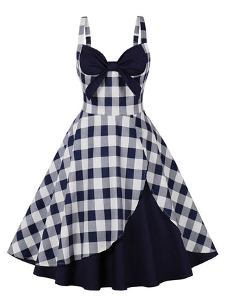 Navy Blue 1950s Plaid Strap Swing Dress: timeless style reimagined