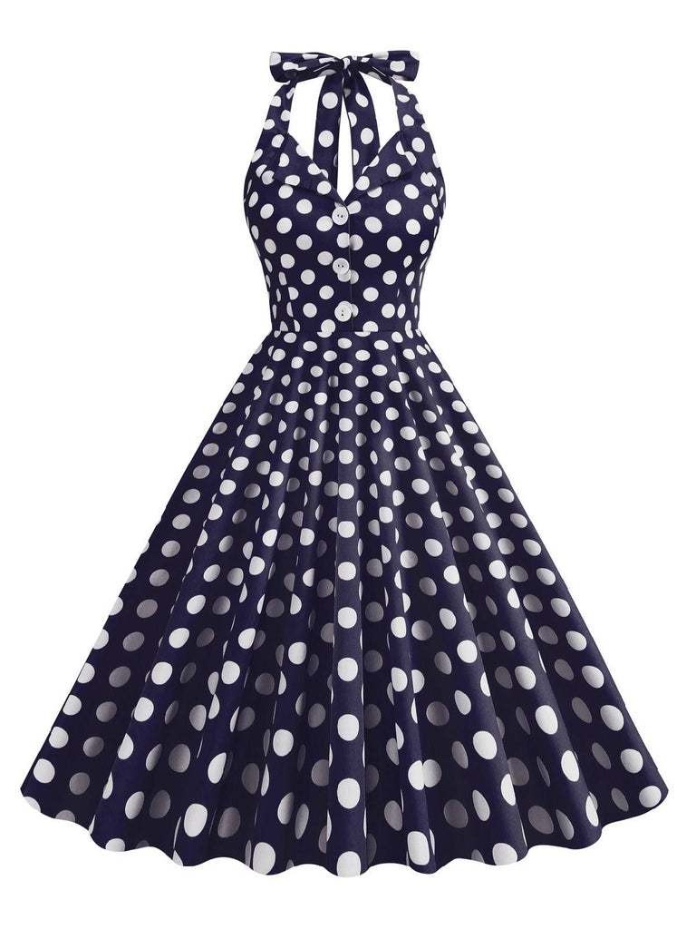 Women's 50s Halter Vintage A Line Polka Dot Cocktail Dress Prom Tea Party Swing Dress - Navy S Women's 50s Halter Vintage A Line Polka Dot Cocktail Dress Prom Tea Party Swing Dress - Navy S