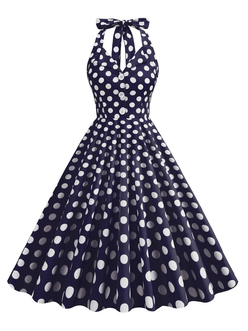 Retro Stage 1950s Polka Dot Halter Dress Navy Blue Retro Stage 1950s Polka Dot Halter Dress Navy Blue