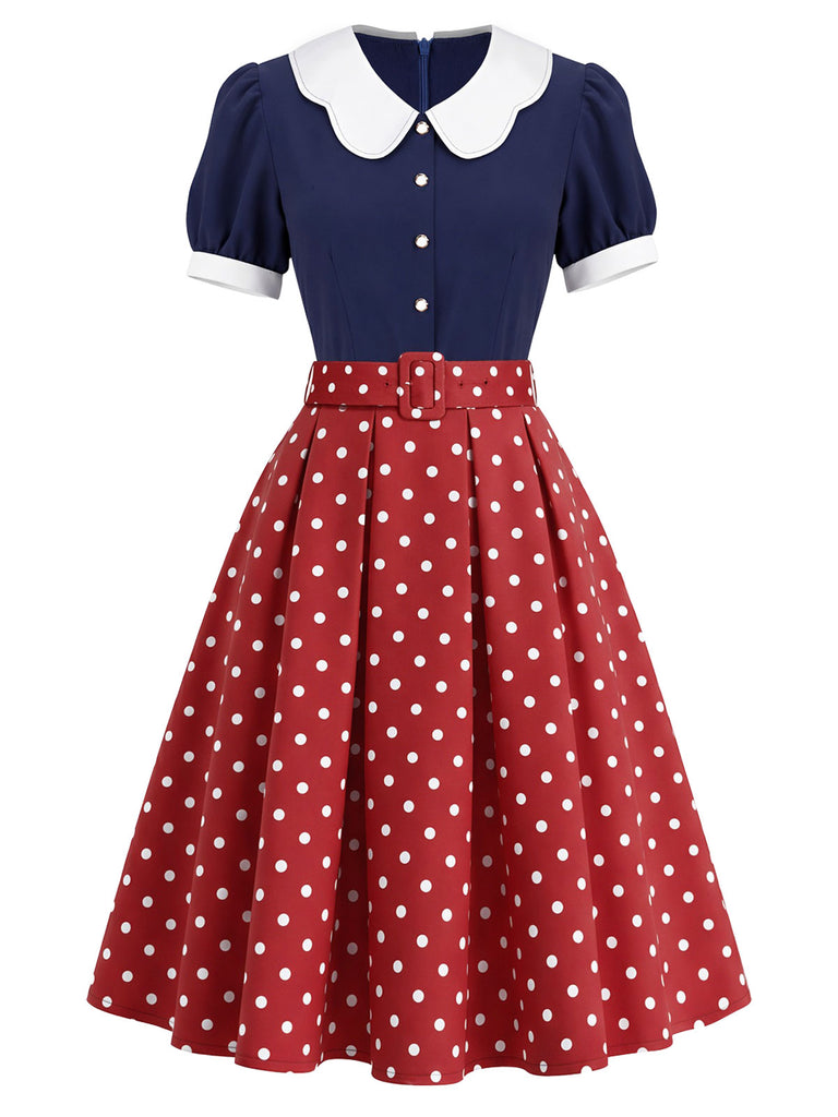 blue and red polka dot dress Pre-Sale] Navy 1950s Petal Collar Elegant Dark Navy Blue Women's long faux fur black coat for warmth Women's Wide US Size:9.5W Very good