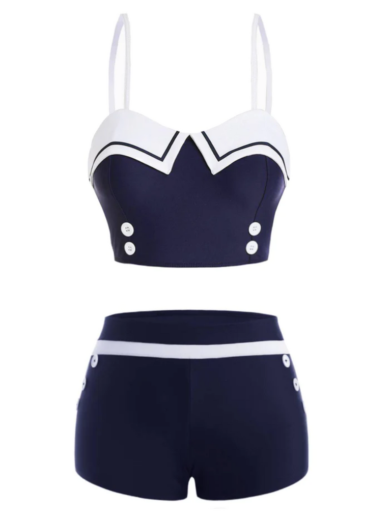 Navy Blue 1950s Spaghetti Buttons Swimsuit: 1950s Riviera elegance, reimagined for her