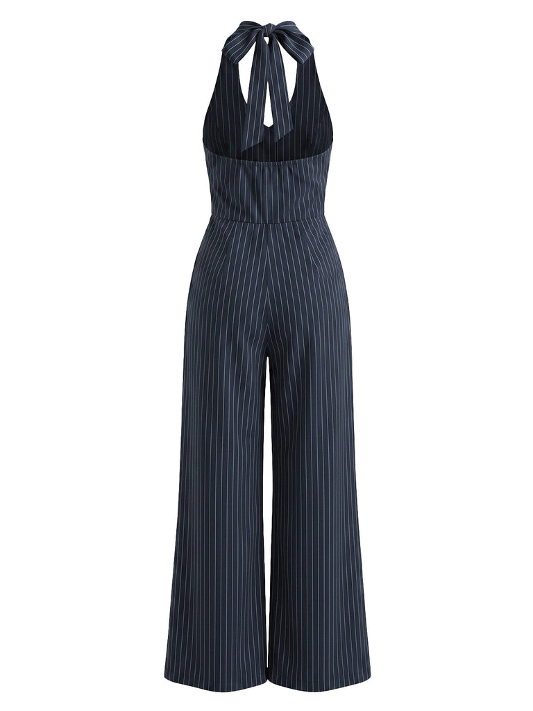 Navy Blue 1950s Striped Halter Backless Jumpsuit, vintage romper, retro jumpsuit - perfect for women who love vintage and retro fashion
