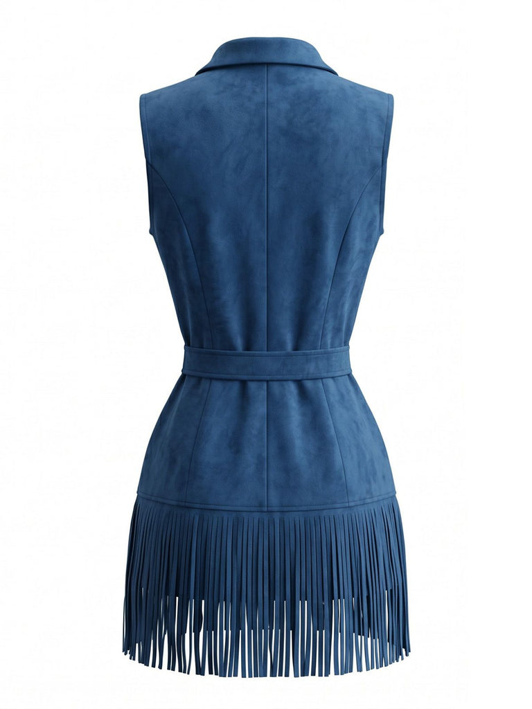Navy Blue 1970s Faux Suede Western Fringe Belted Dress