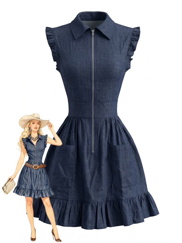 Navy Blue 1980s Denim Ruffle Sleeve Zip Front A-Line Dress