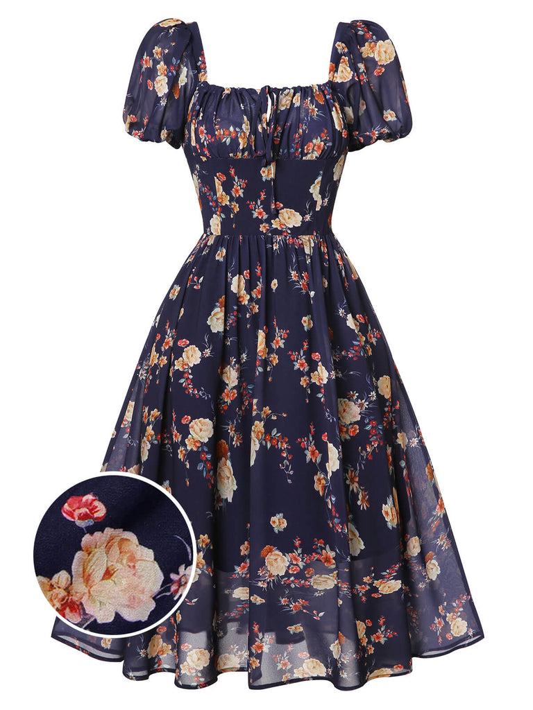 US Warehouse] Navy Blue Floral Bubble Sleeves Dress | Retro Stage