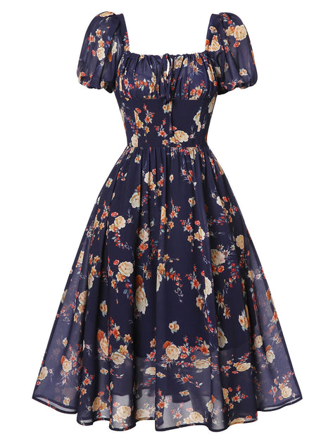 [US Warehouse] Navy Blue Floral Bubble Sleeves Dress