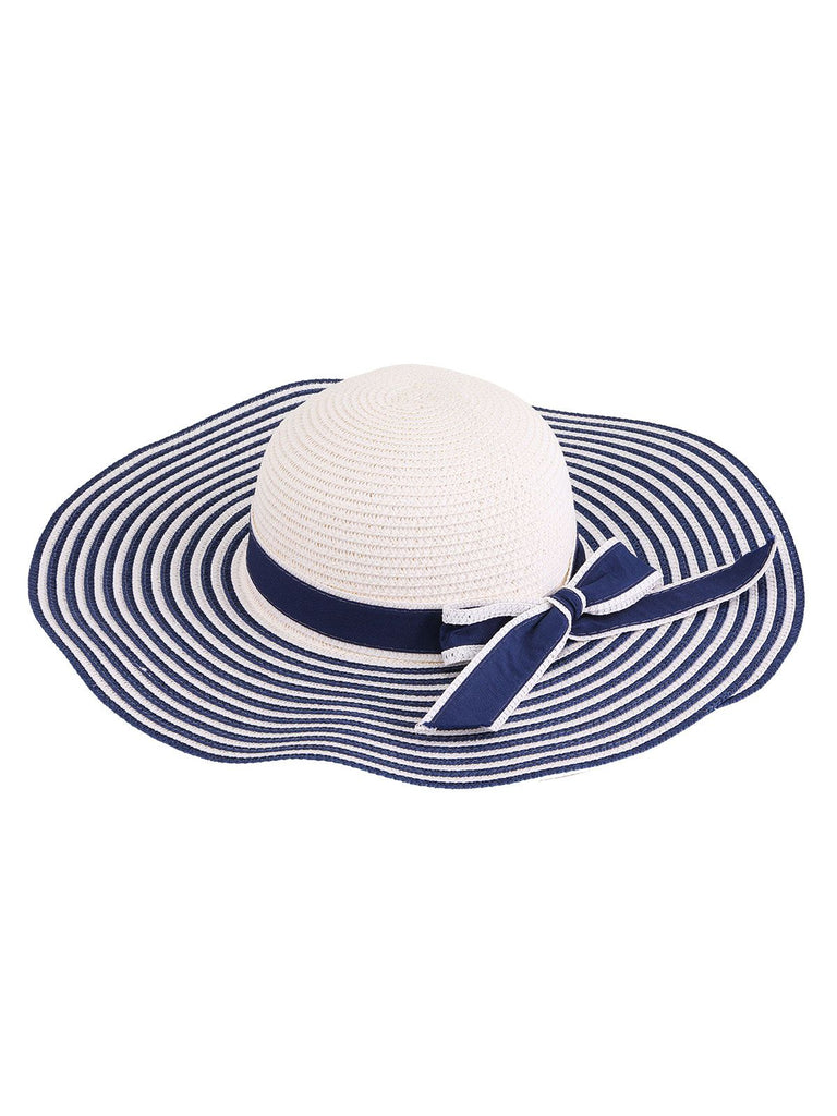 Navy Blue Retro Classic Stripes Straw Sun Hat, vintage fashion, retro style - perfect for women who love vintage and retro fashion