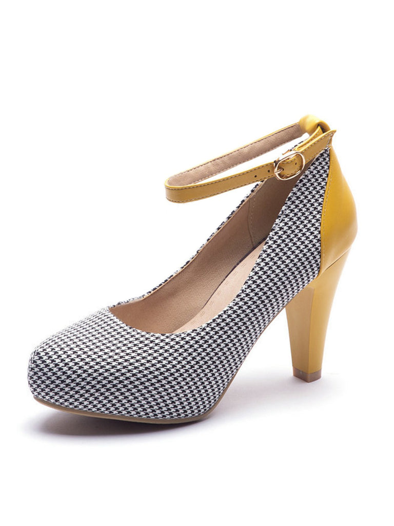 Vintage Houndstooth Colorblock Ankle Strap Cone Heels