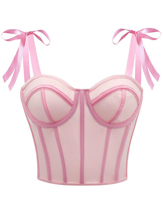 1940s Lace-Up Bow Mesh Corset Crop Camisole