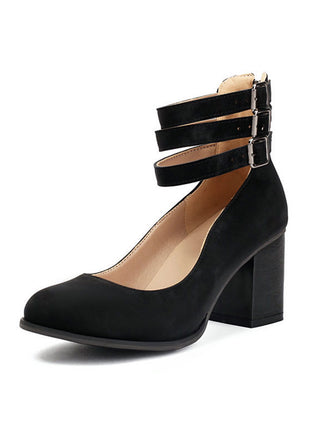 Round Toe Thick-Soled Wood-Grain Chunky Heel Shoes