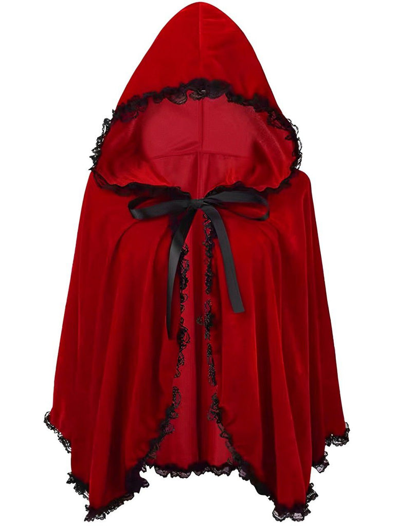 Red 1950s Halloween Lace Trim Velvet Cape - decent-life