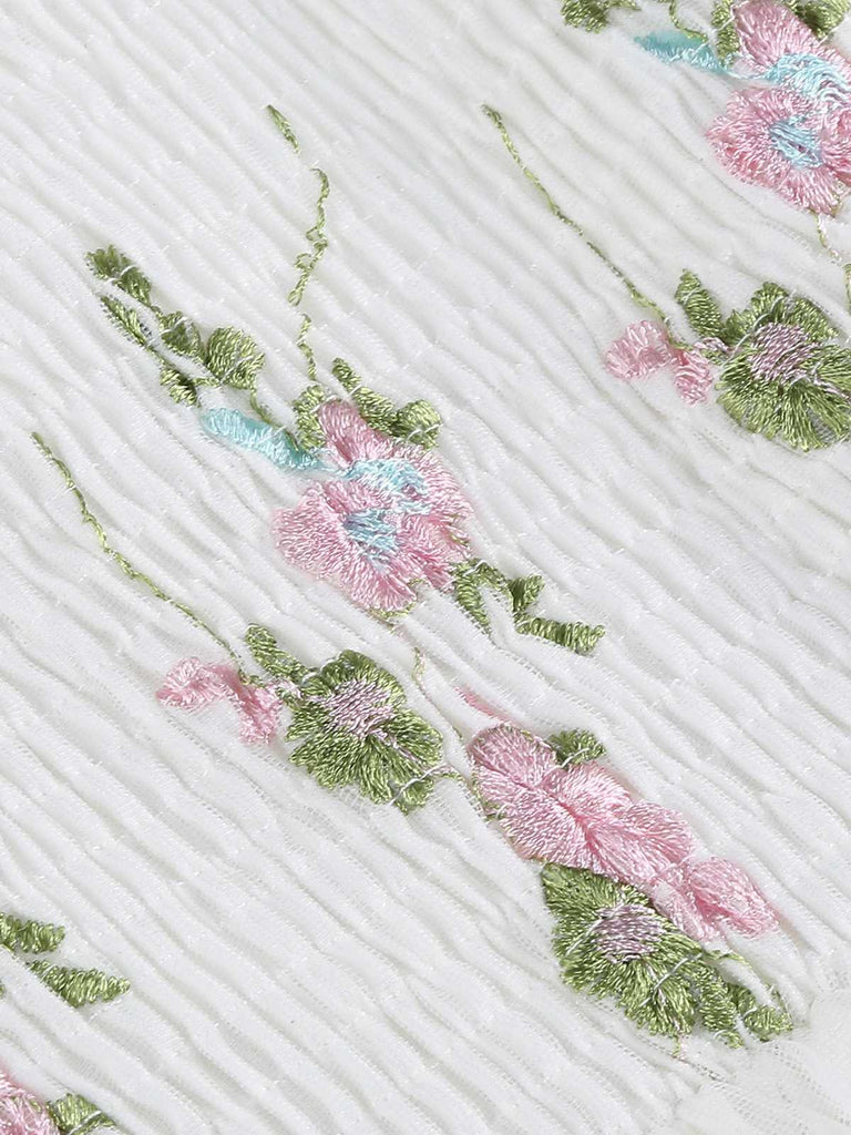 1950s Embroidered Flowers Mesh Puff Sleeve Dress