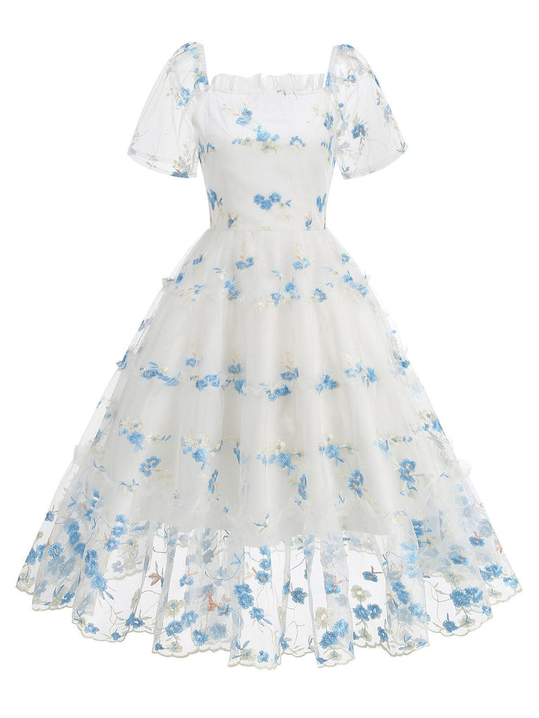 1950s Embroidered Flowers Mesh Puff Sleeve Dress