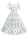 1950s Embroidered Flowers Mesh Puff Sleeve Dress