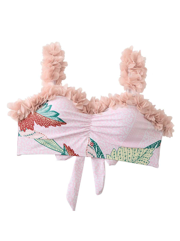 Pink 1950s Spaghetti Strap 3D Floral Swimsuit