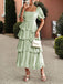 1940s Solid Puff Sleeve Ruffle Trim Tiered Dress