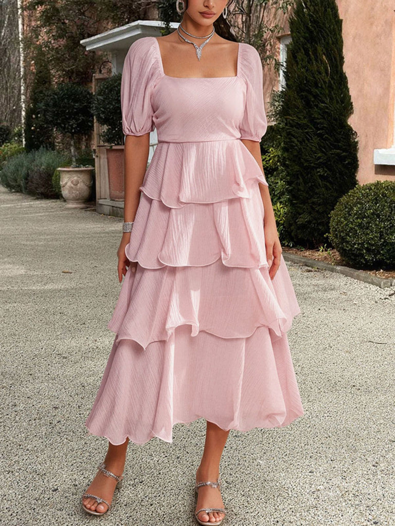 1940s Solid Puff Sleeve Ruffle Trim Tiered Dress