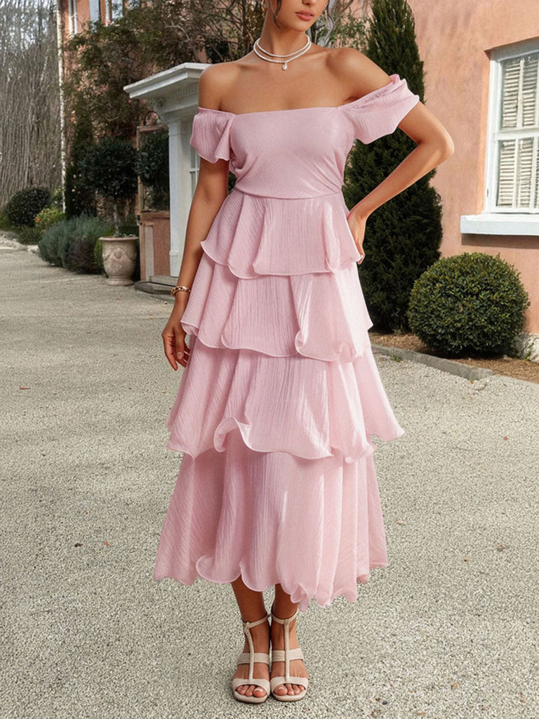 1940s Solid Puff Sleeve Ruffle Trim Tiered Dress