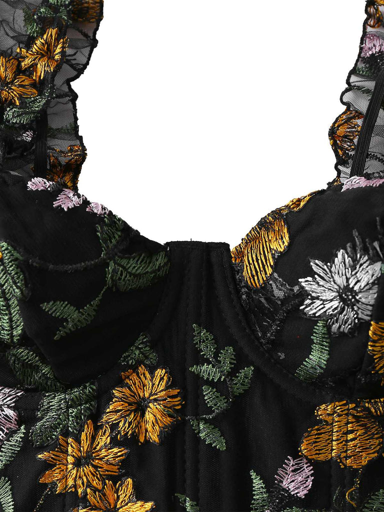 1960s Floral Embroidered Mesh Puff-Sleeve Crop Top