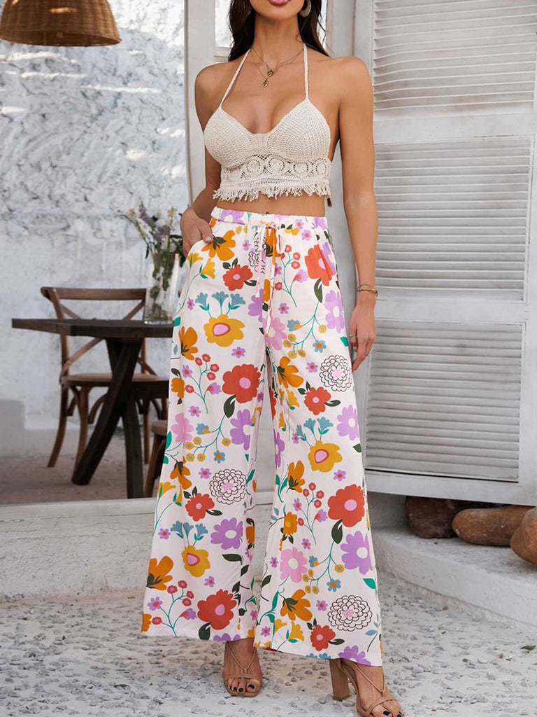 1960s Vintage Colorful Print Wide-Leg Pants
