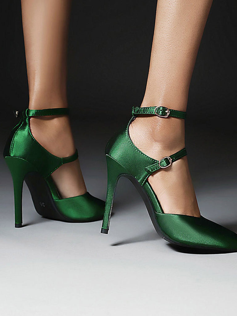Dark Green Satin Double Buckle Belts High Heel Shoes
