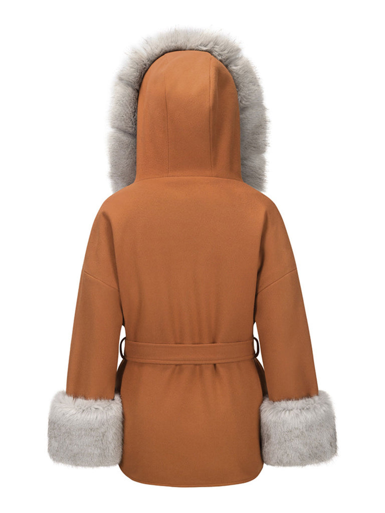 1960s Furry Solid Hooded Thickened Cotton Coat