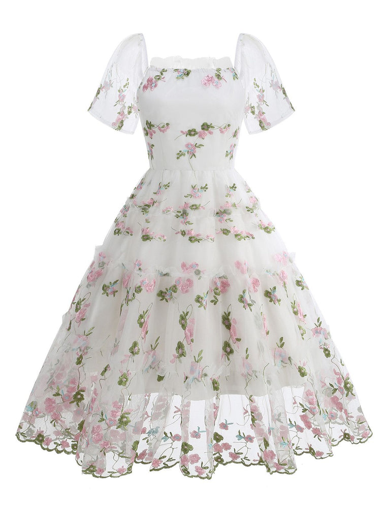 1950s Embroidered Flowers Mesh Puff Sleeve Dress