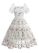 1950s Embroidered Flowers Mesh Puff Sleeve Dress