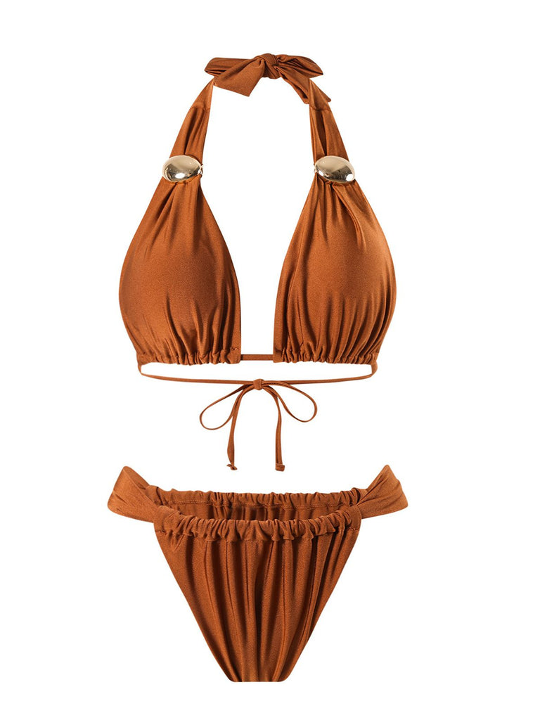 Brown 1970s Halter Ruched Solid Bikini