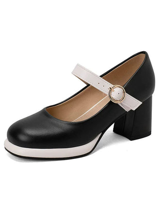 Vintage PU Round Toe Mary Janes Chunky Heels