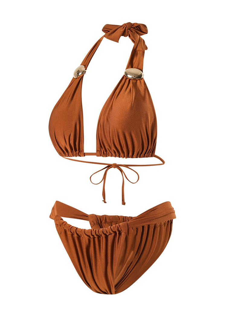 Brown 1970s Halter Ruched Solid Bikini
