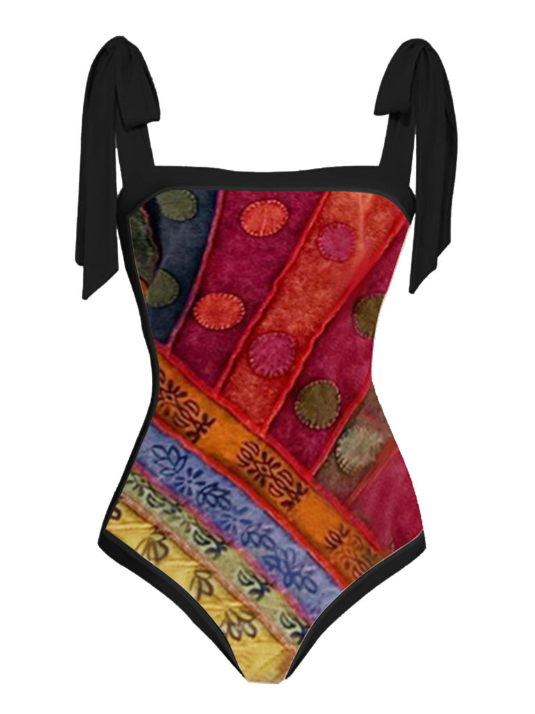 Red 1950s Floral Halter One-Piece Swimsuit & Cover-up