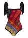 Red 1950s Floral Halter One-Piece Swimsuit & Cover-up