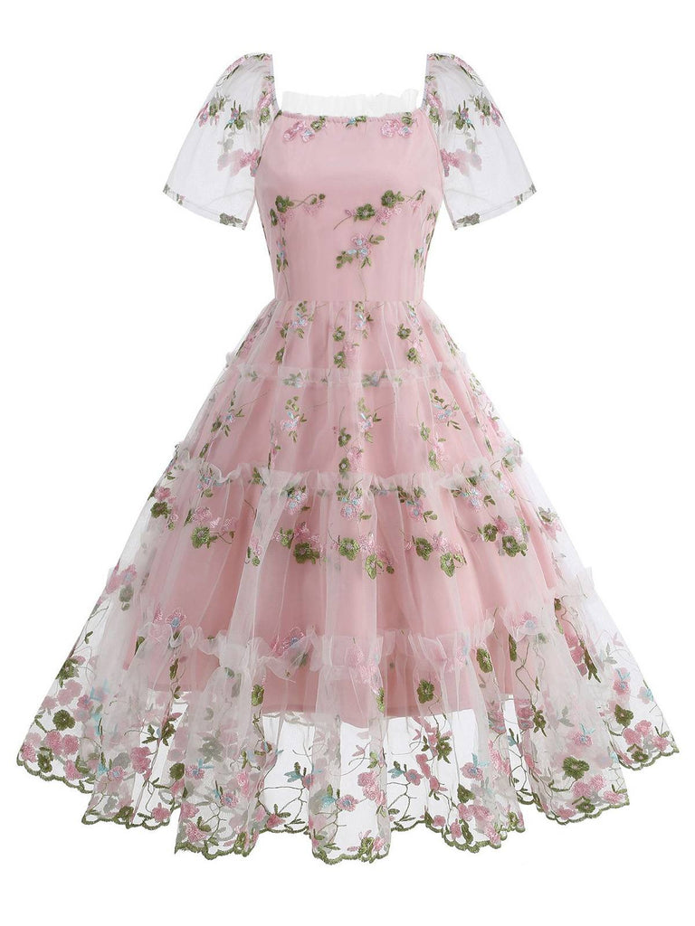 1950s Embroidered Flowers Mesh Puff Sleeve Dress
