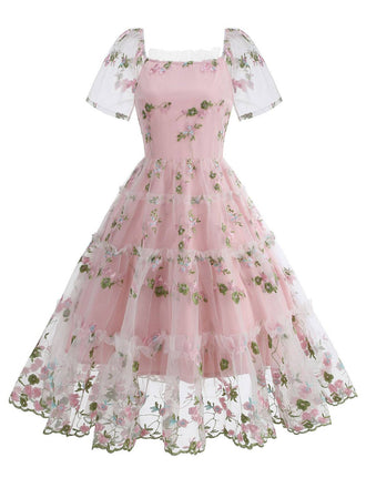 1950s Embroidered Flowers Mesh Puff Sleeve Dress