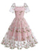 1950s Embroidered Flowers Mesh Puff Sleeve Dress