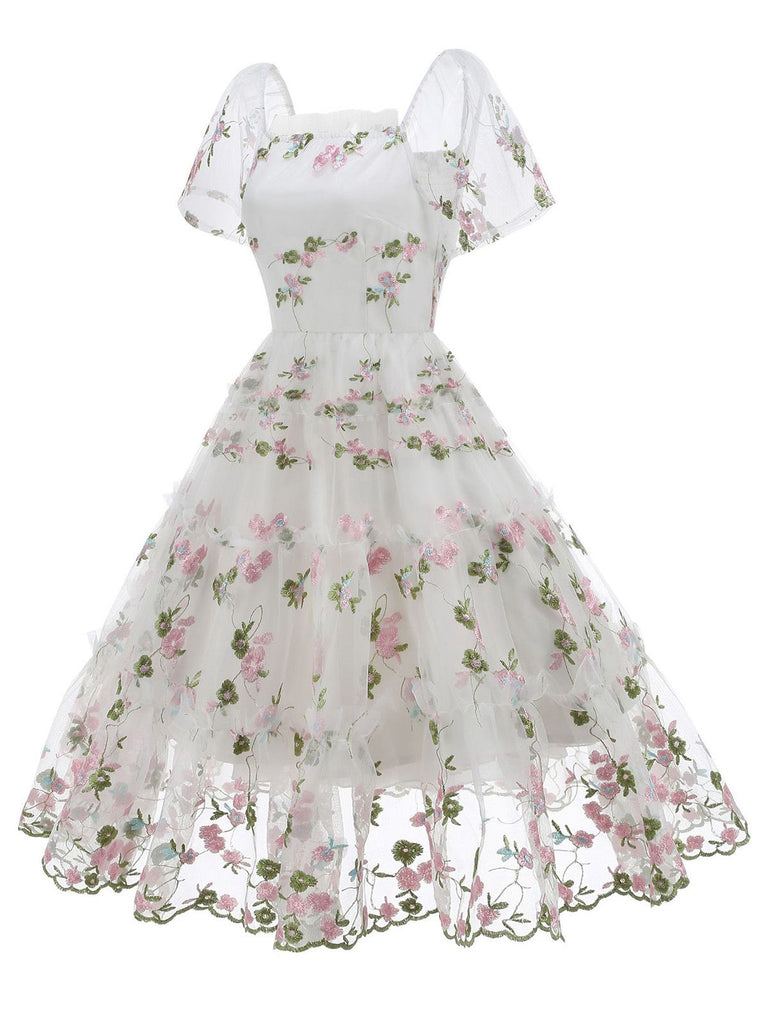 1950s Embroidered Flowers Mesh Puff Sleeve Dress