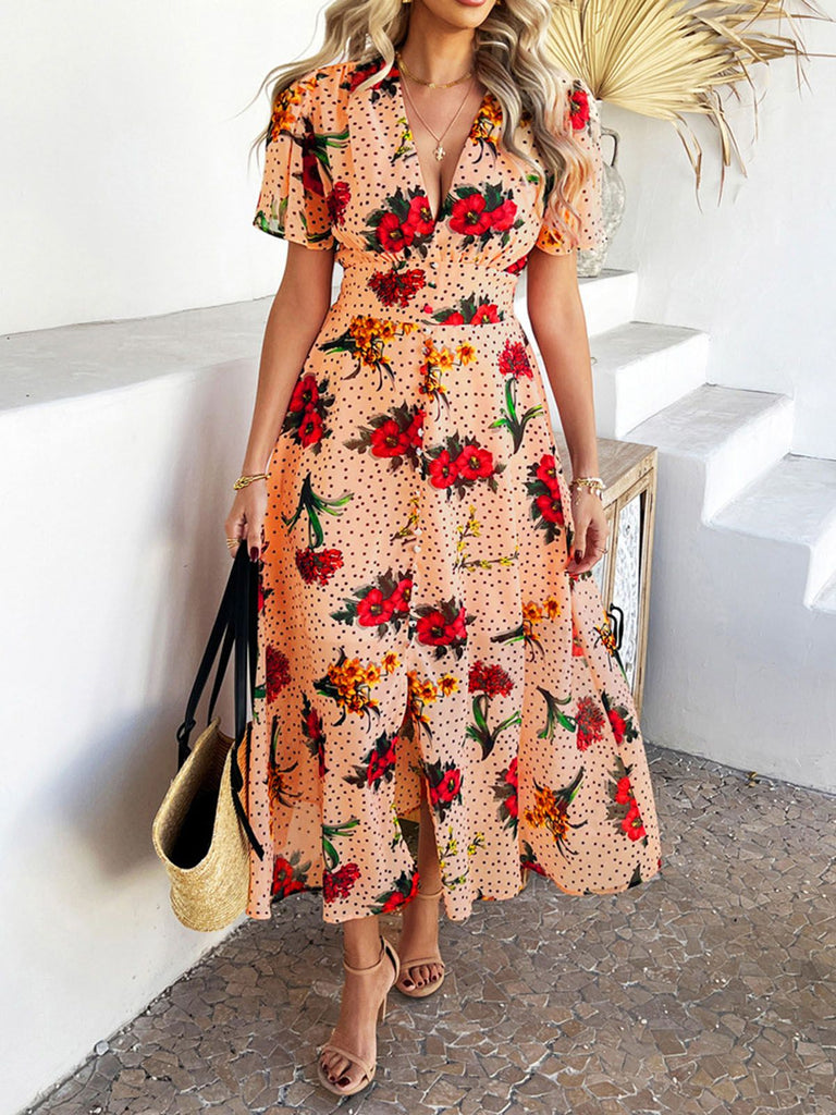 1940s Deep V-Neck Chiffon Polka Dots Floral Dress