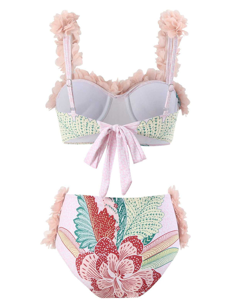Pink 1950s Spaghetti Strap 3D Floral Swimsuit