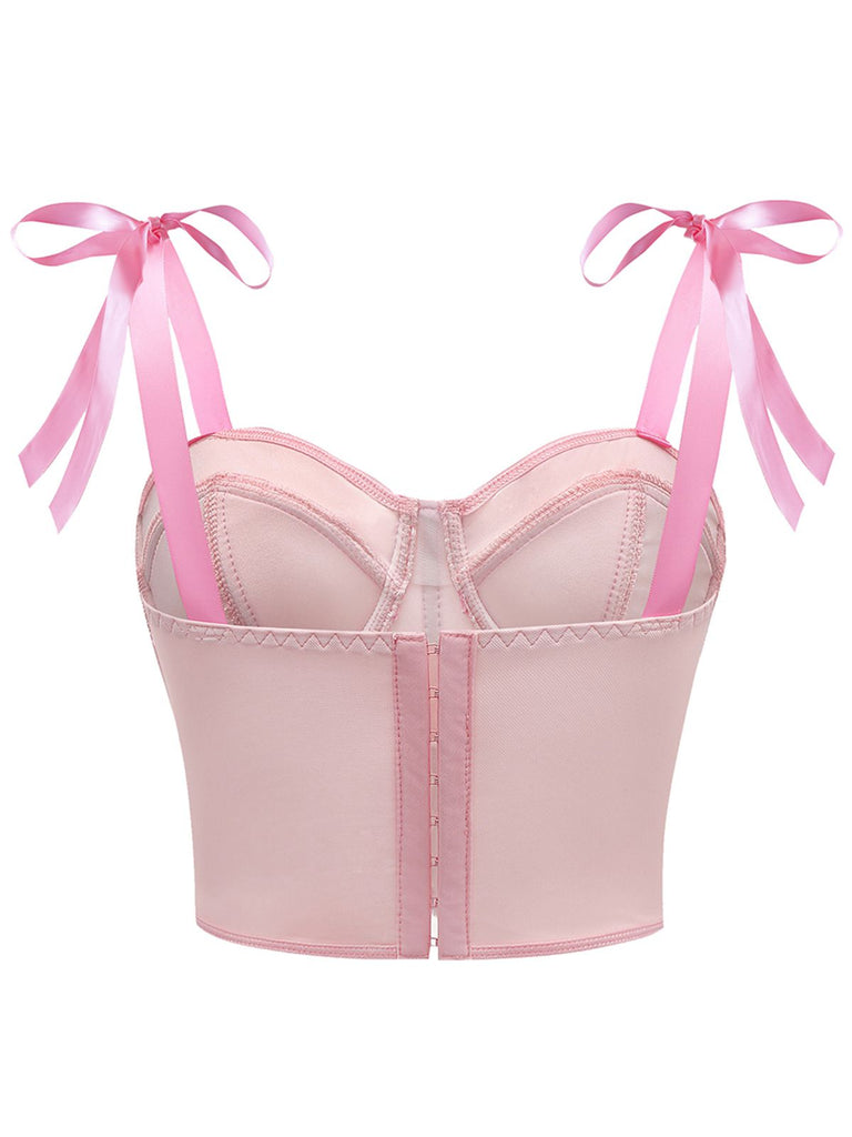 1940s Lace-Up Bow Mesh Corset Crop Camisole